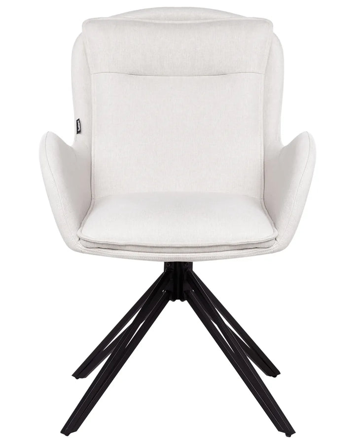 Cream upholstered swivel dining chair with a high backrest, integrated armrests, cushioned seat, and black spider-style metal base.