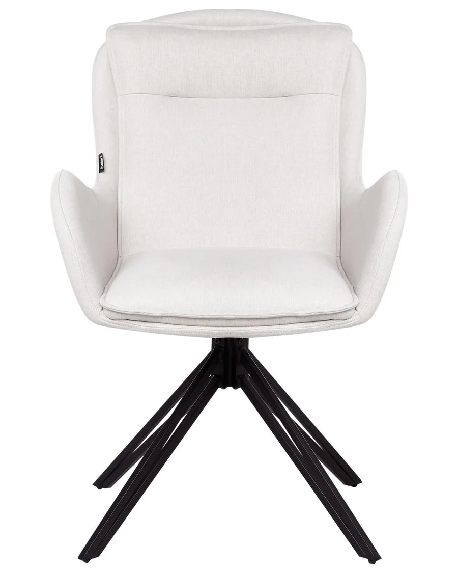 Cream upholstered swivel dining chair with a high backrest, integrated armrests, cushioned seat, and black spider-style metal base.