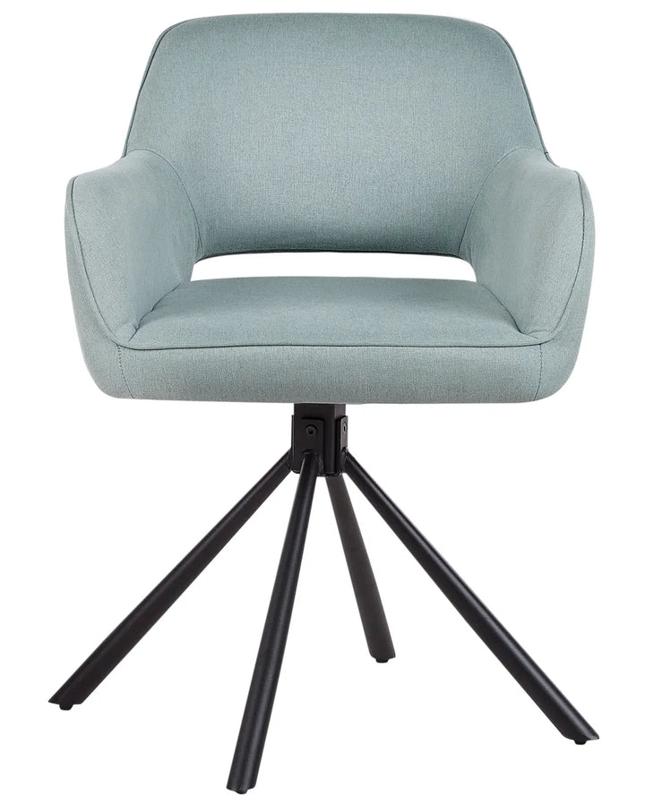 Light blue swivel dining chair with upholstered armrests, a padded seat, and a black four-leg metal swivel base.