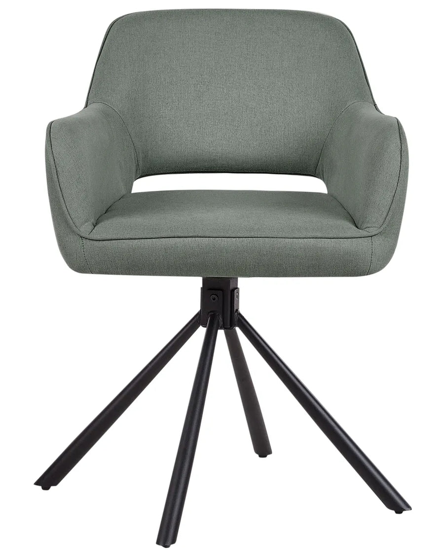Green swivel dining chair with upholstered armrests, a padded seat, and a black four-leg metal swivel base.