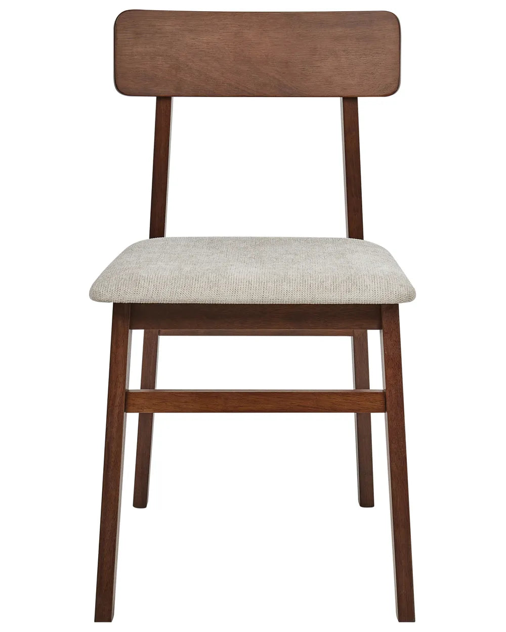 Wooden dining chair with dark wood frame and light fabric seat on a white background.