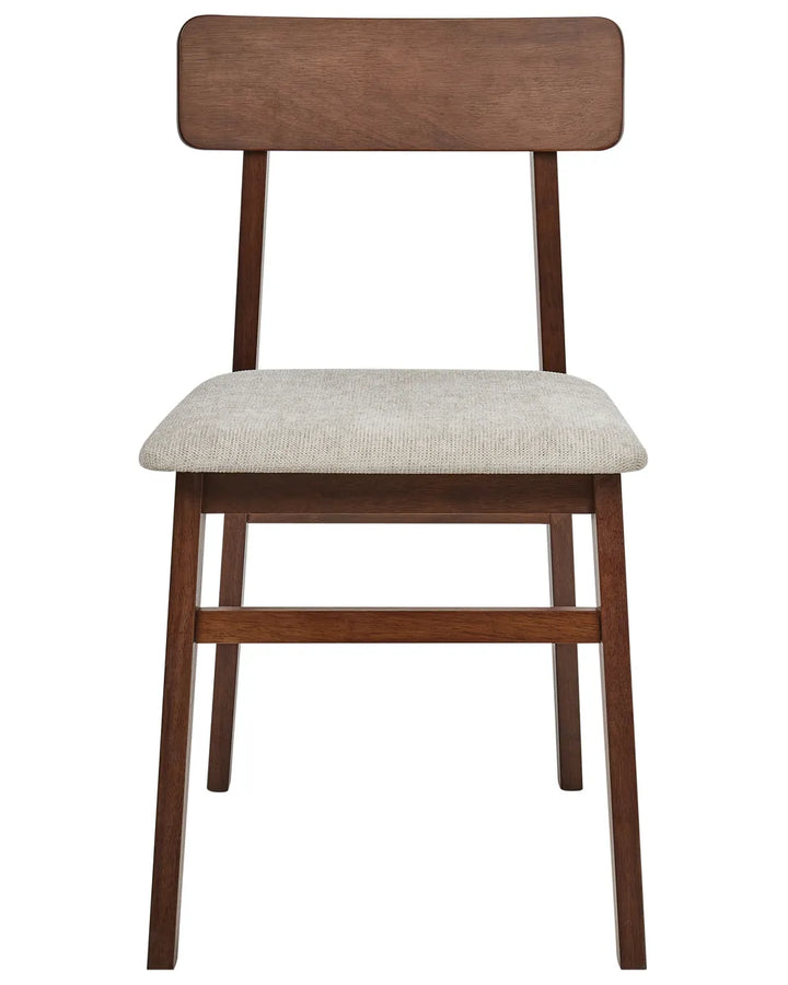 Wooden dining chair with dark wood frame and light fabric seat on a white background.