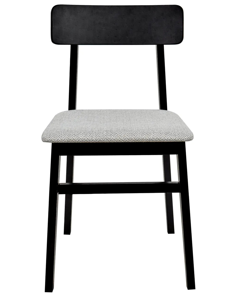 Black wooden dining chair with grey upholstered seat on a white background.