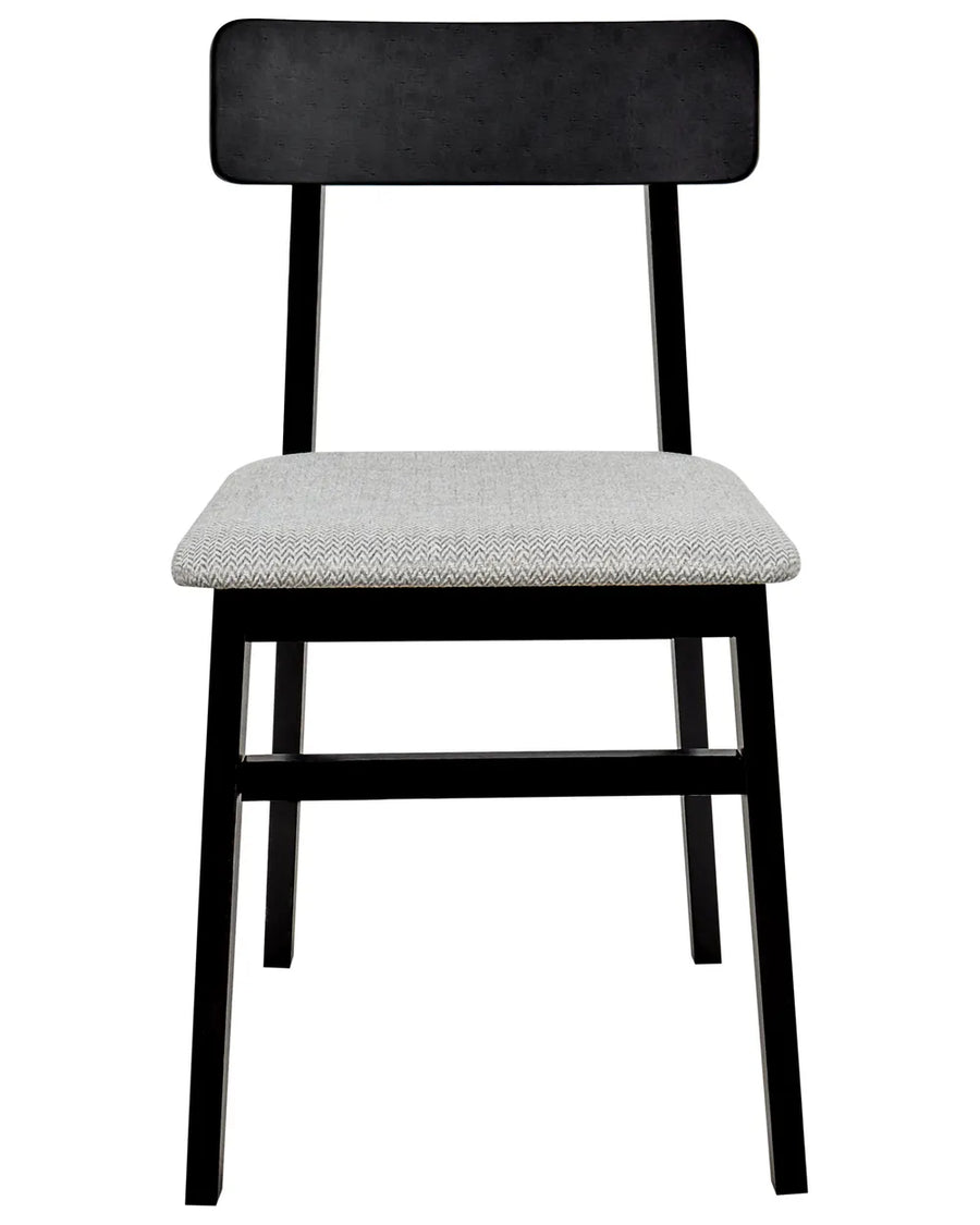 Black wooden dining chair with grey upholstered seat on a white background.