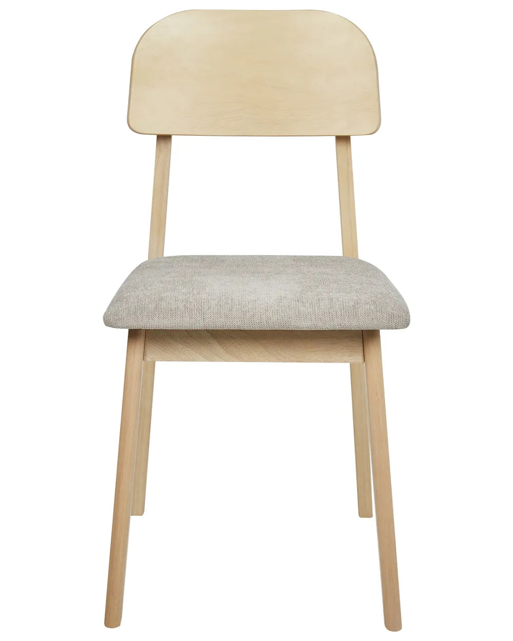 Scandinavian-style dining chair with a curved wooden backrest, light oak finish, and a padded grey fabric seat. Its clean lines and minimalist silhouette offer both comfort and contemporary appeal.