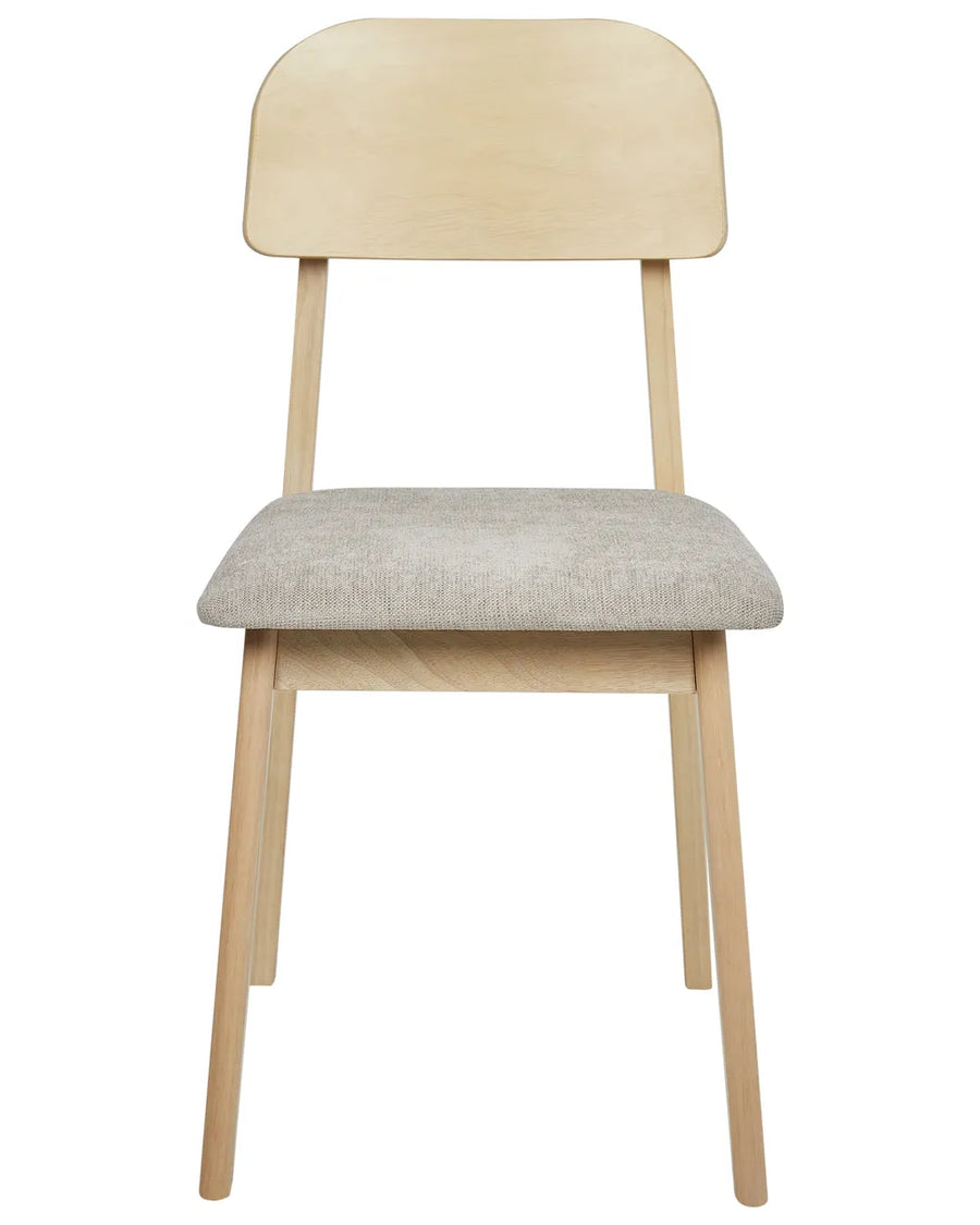 Scandinavian-style dining chair with a curved wooden backrest, light oak finish, and a padded grey fabric seat. Its clean lines and minimalist silhouette offer both comfort and contemporary appeal.