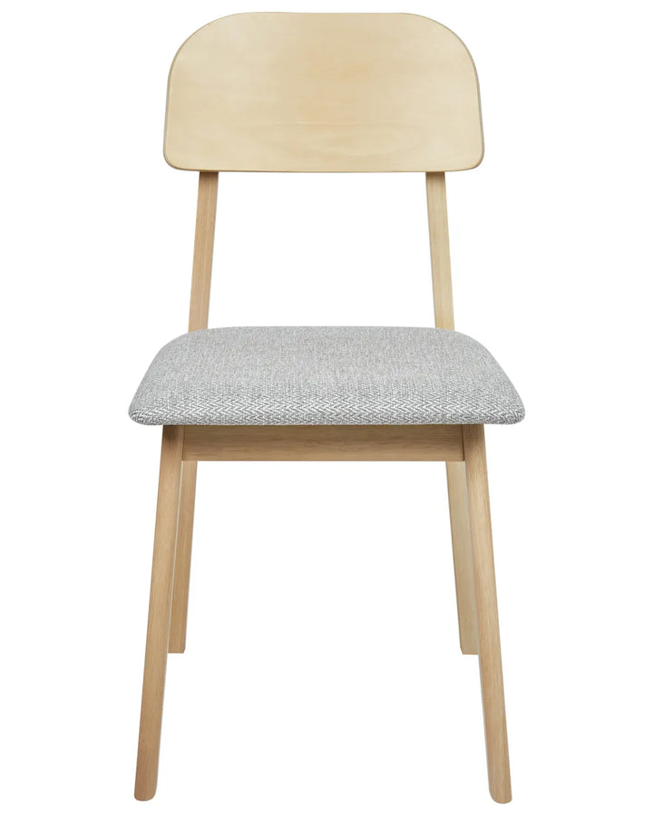 Minimalist dining chair with a curved wooden backrest, light oak finish, and a cushioned grey upholstered seat. Its simple design offers comfort and versatility for modern interiors.