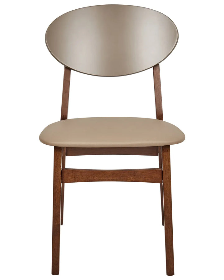 Modern dining chair with a curved taupe backrest, cushioned beige seat, and rich walnut wood frame, displayed against a clean white background.