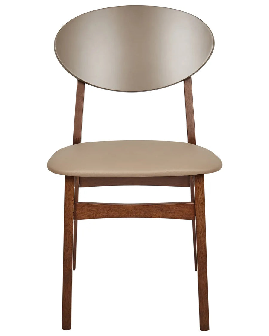 Modern dining chair with a curved taupe backrest, cushioned beige seat, and rich walnut wood frame, displayed against a clean white background.