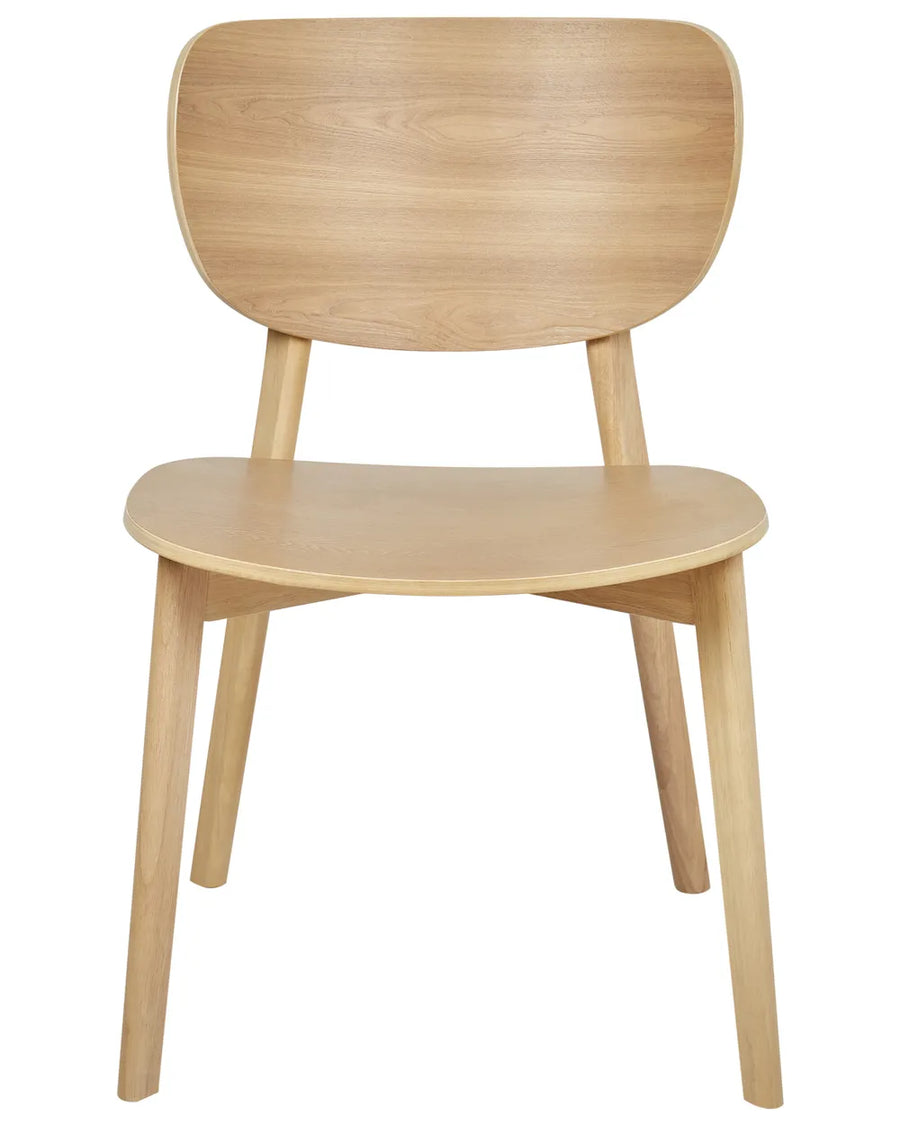 Minimalist wooden dining chair with a curved backrest and seat, finished in light natural wood, photographed against a clean neutral background to highlight its Scandinavian-inspired silhouette.