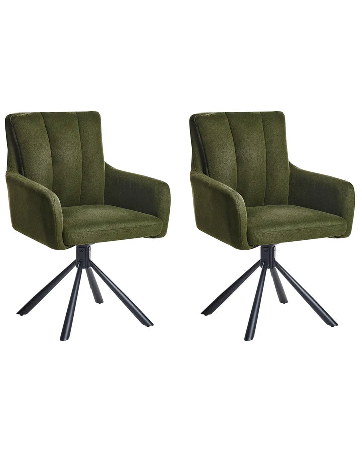 Set of 2 Dining Chairs Swivel Fabric Dark Green Van
