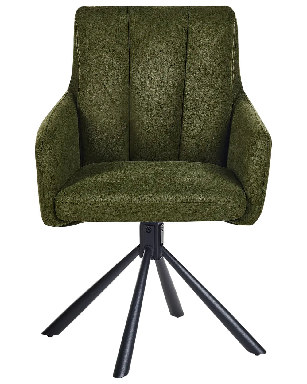 Green upholstered swivel dining chair with armrests and a black metal base.