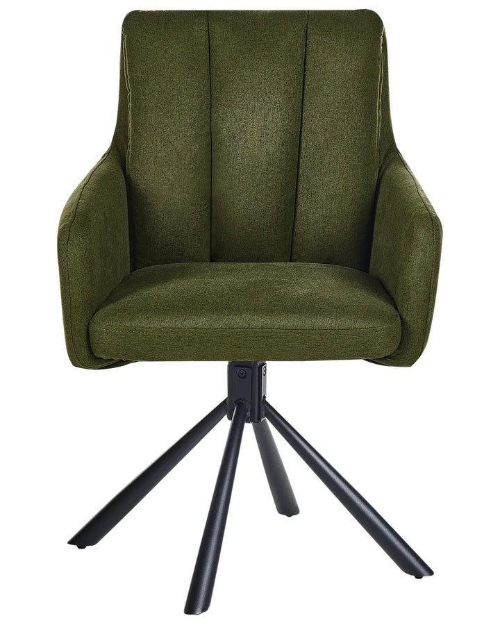 Green upholstered swivel dining chair with armrests and a black metal base.