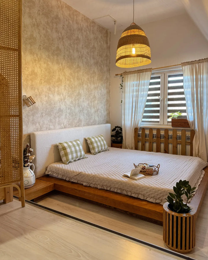 Bed with LED Boucle 180 x 200 cm (EU Super King) Natural Ash Wood Olivia