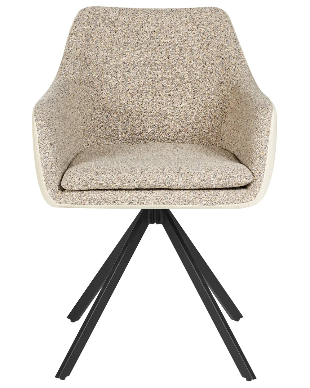 Taupe fabric dining chair with a padded seat, faux leather backrest, integrated armrests, and slim black metal legs.