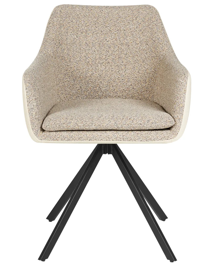 Taupe fabric dining chair with a padded seat, faux leather backrest, integrated armrests, and slim black metal legs.
