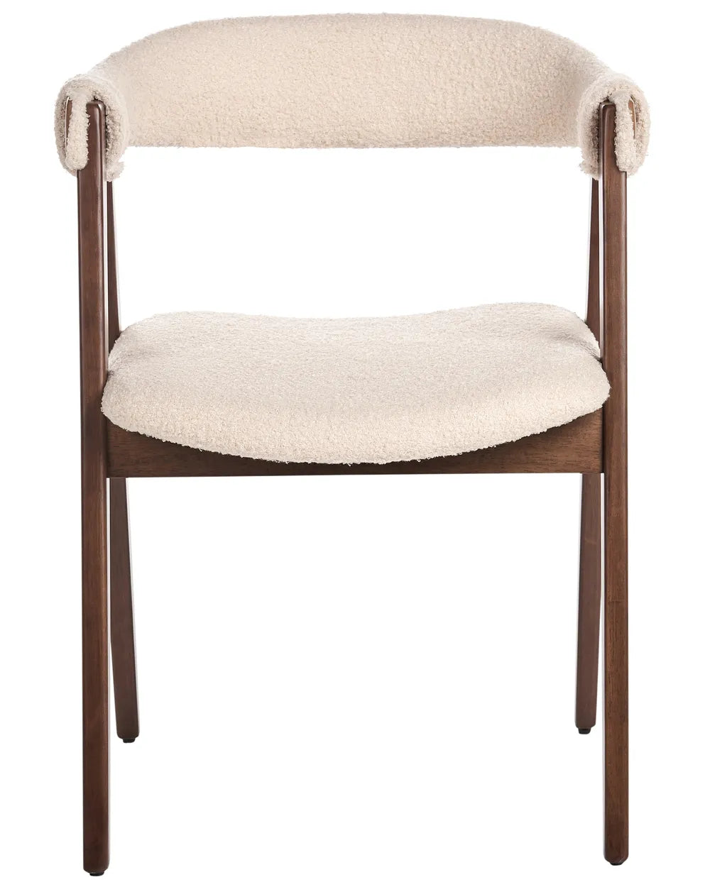 Bouclé dining chair with a curved open-back design, plush padded seat, and dark wood frame for a warm modern look.