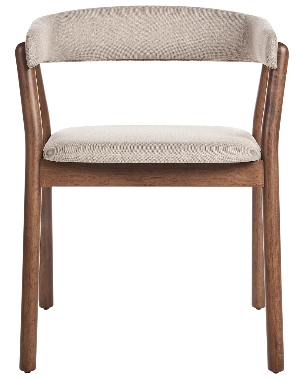 Dining chair with a curved upholstered backrest, cushioned seat, and walnut-finish wood frame for timeless comfort.