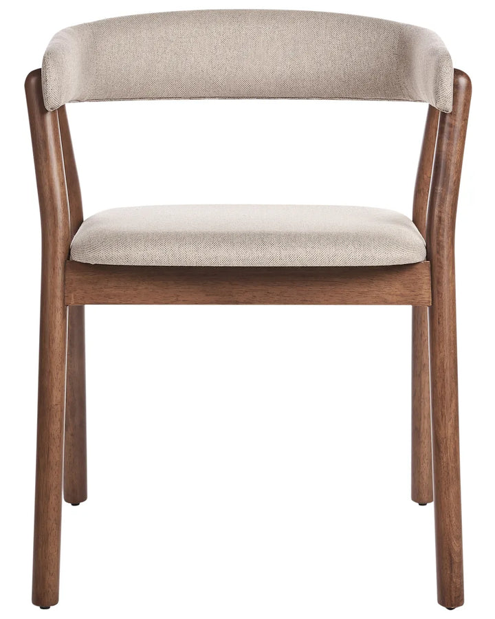 Dining chair with a curved upholstered backrest, cushioned seat, and walnut-finish wood frame for timeless comfort.