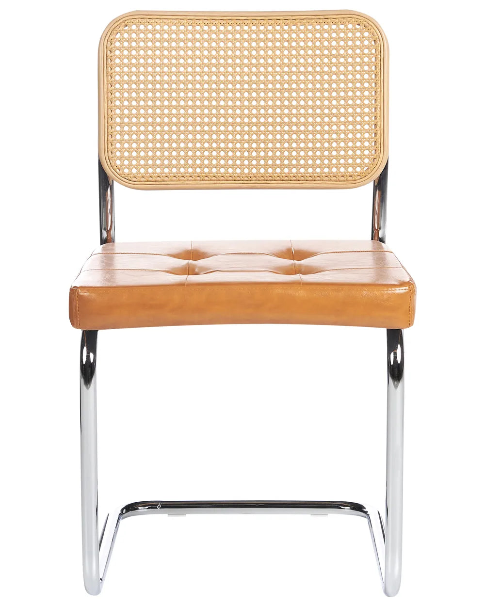 Modern dining chair featuring a woven rattan-style backrest, cushioned tan faux leather seat, and polished chrome cantilever frame for a stylish retro-inspired look.