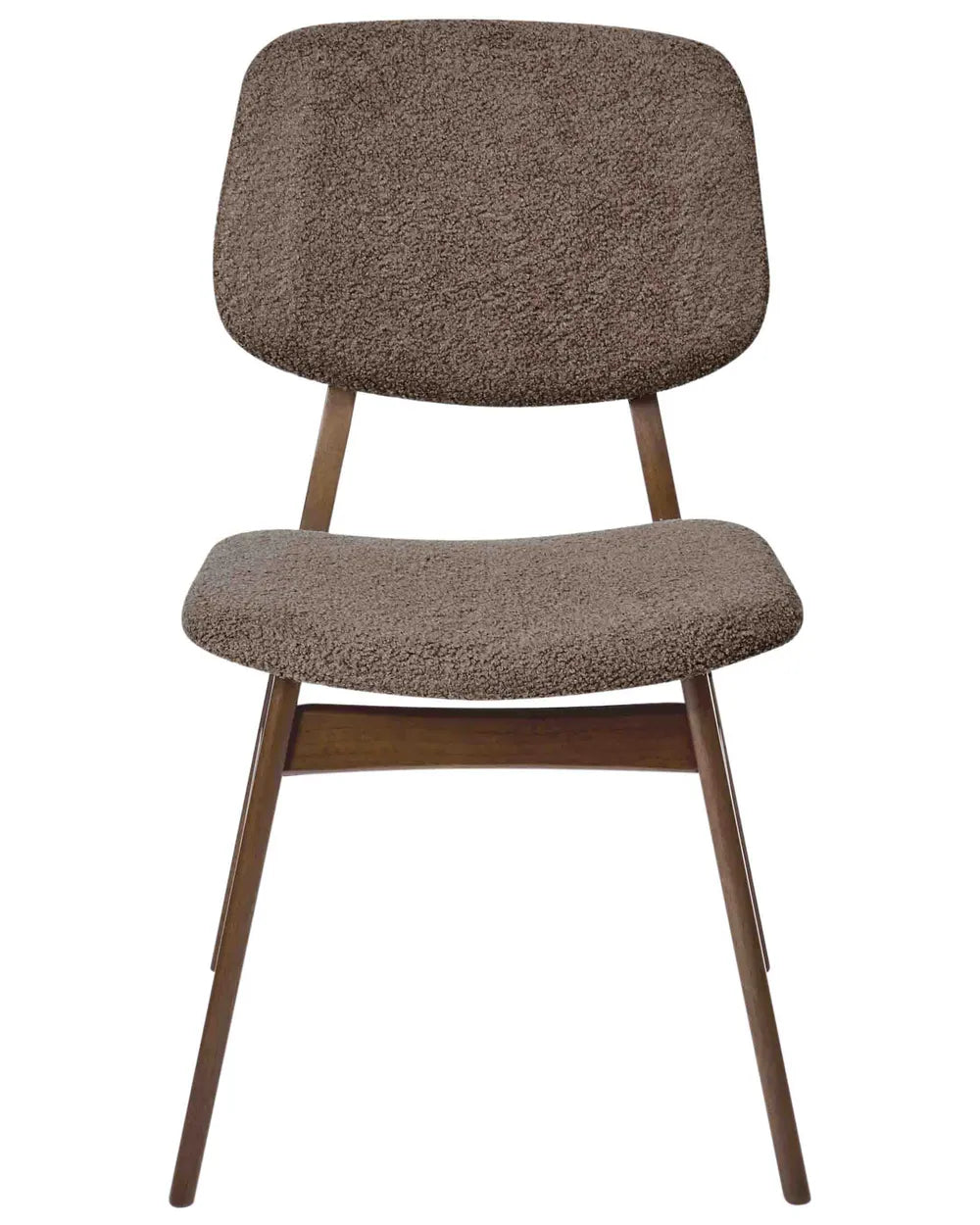 Brown bouclé dining chair with a softly curved backrest, cushioned seat, and walnut-finish wooden frame for a warm mid-century look.