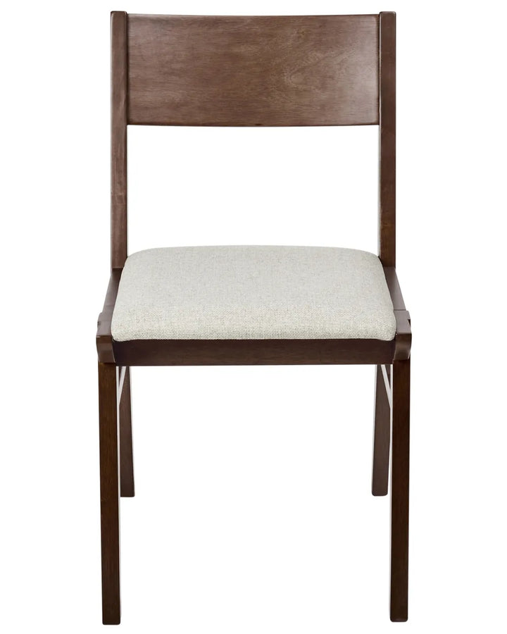 Contemporary dining chair featuring a rich dark wood frame, clean angular lines, and a soft upholstered seat, blending everyday comfort with understated modern elegance.
