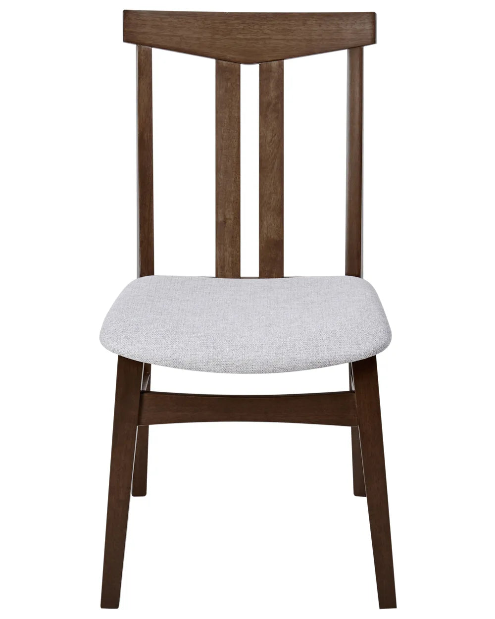 Dining chair featuring a rich dark wood frame, a distinctive vertical-slat backrest, and a padded light-grey fabric seat. Its mid-century inspired design combines comfort with timeless elegance.
