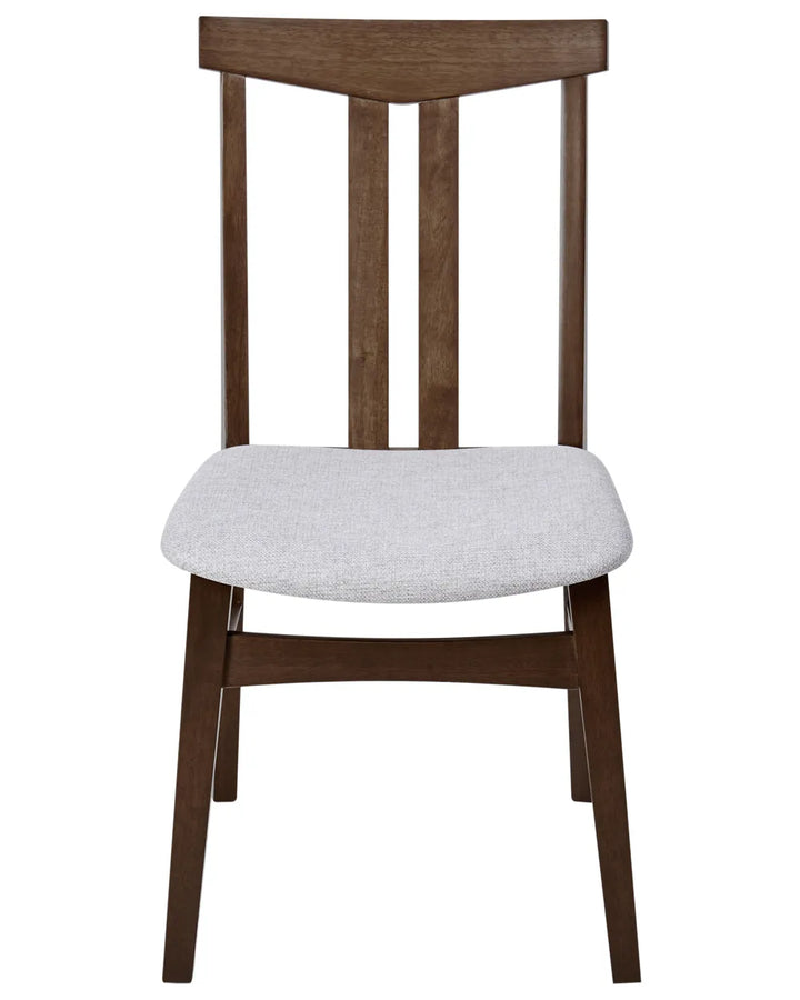 Dining chair featuring a rich dark wood frame, a distinctive vertical-slat backrest, and a padded light-grey fabric seat. Its mid-century inspired design combines comfort with timeless elegance.