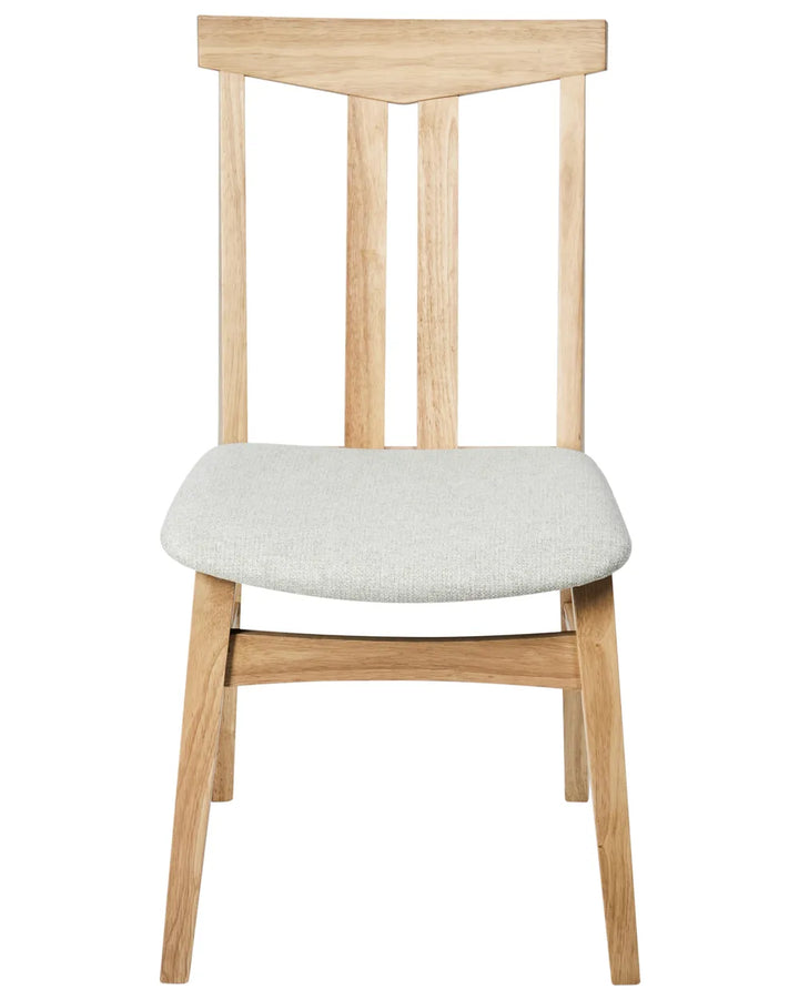 Dining chair crafted from solid wood in a natural oak finish, featuring a tall geometric backrest and a padded light-grey fabric seat. Its clean lines and minimalist design suit Scandinavian and contemporary interiors.