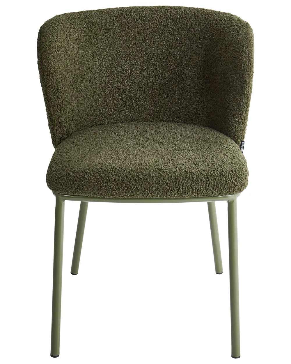 Olive green bouclé dining chair with a softly curved wraparound backrest, plush textured upholstery, and matching green metal legs.