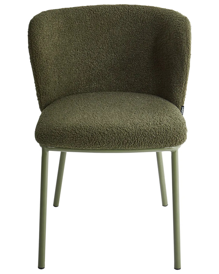 Olive green bouclé dining chair with a softly curved wraparound backrest, plush textured upholstery, and matching green metal legs.