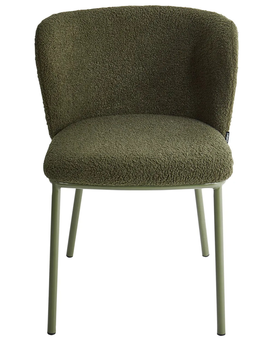 Olive green bouclé dining chair with a softly curved wraparound backrest, plush textured upholstery, and matching green metal legs.