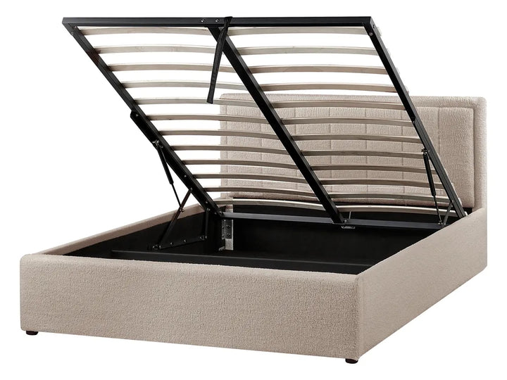 Beige upholstered bed frame with black metal slat support 