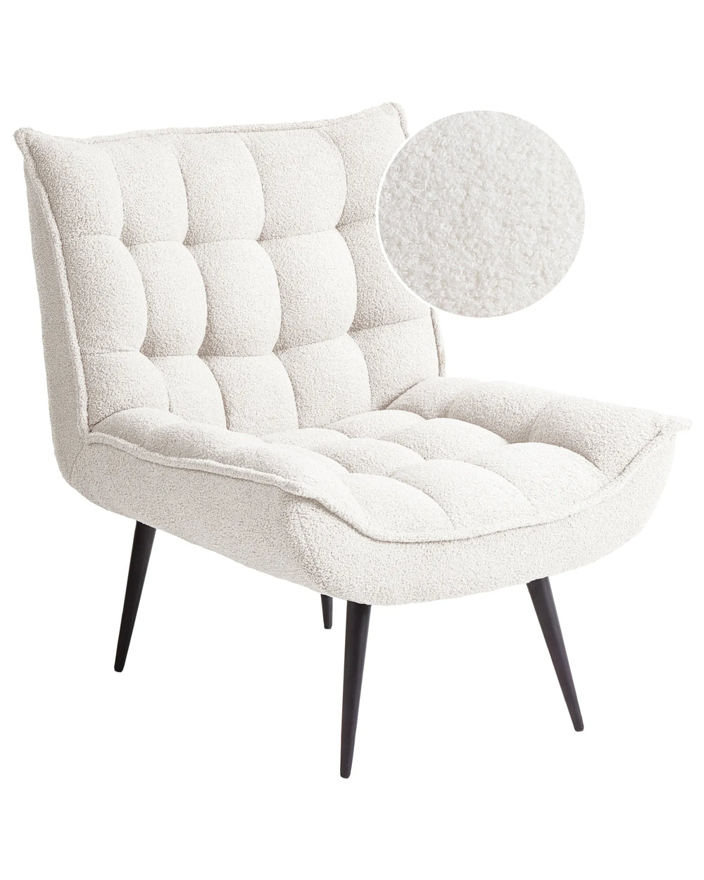 White upholstered chair with tufted design on a white background