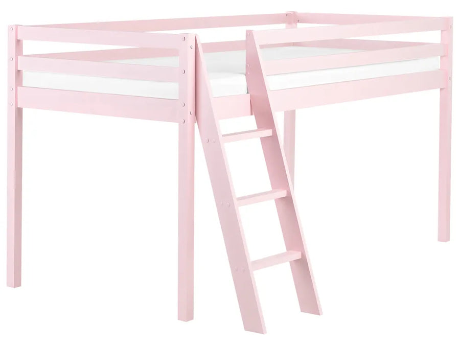 Pink wooden loft bed with ladder on a white background