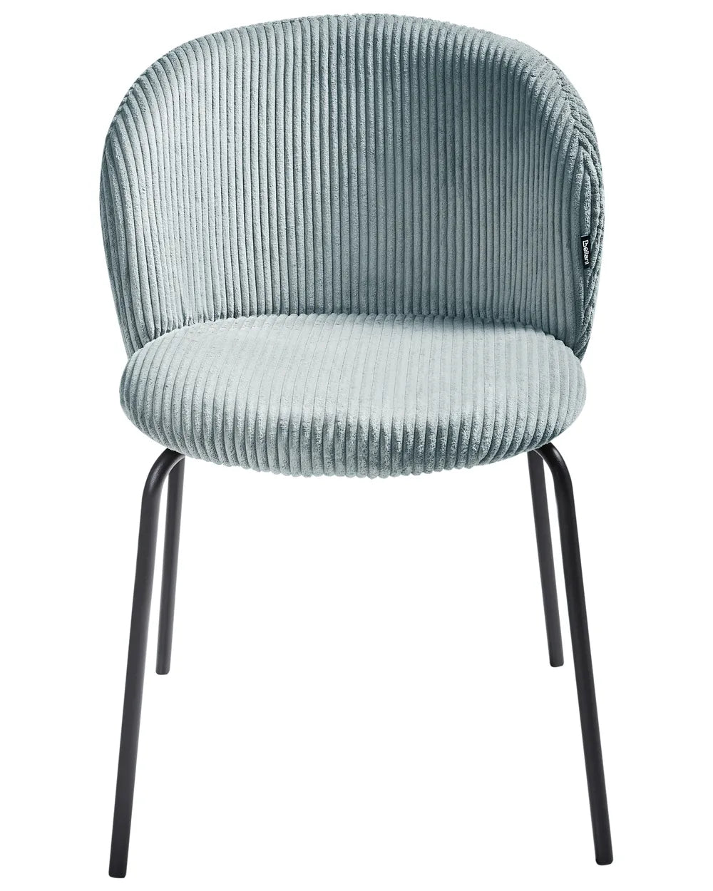 Light blue corduroy dining chair with a curved backrest and sleek black metal legs.