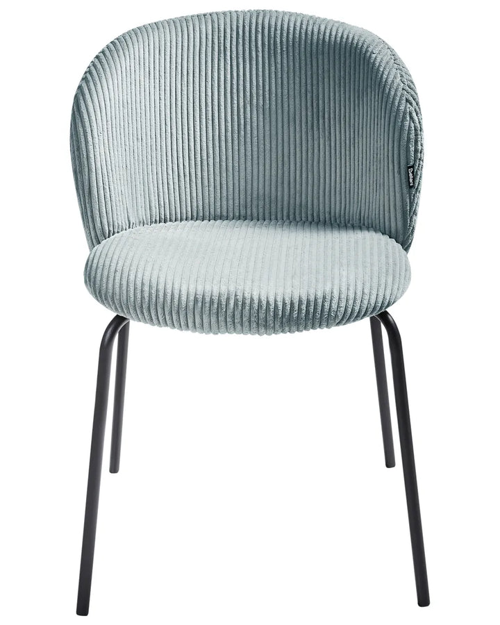 Light blue corduroy dining chair with a curved backrest and sleek black metal legs.