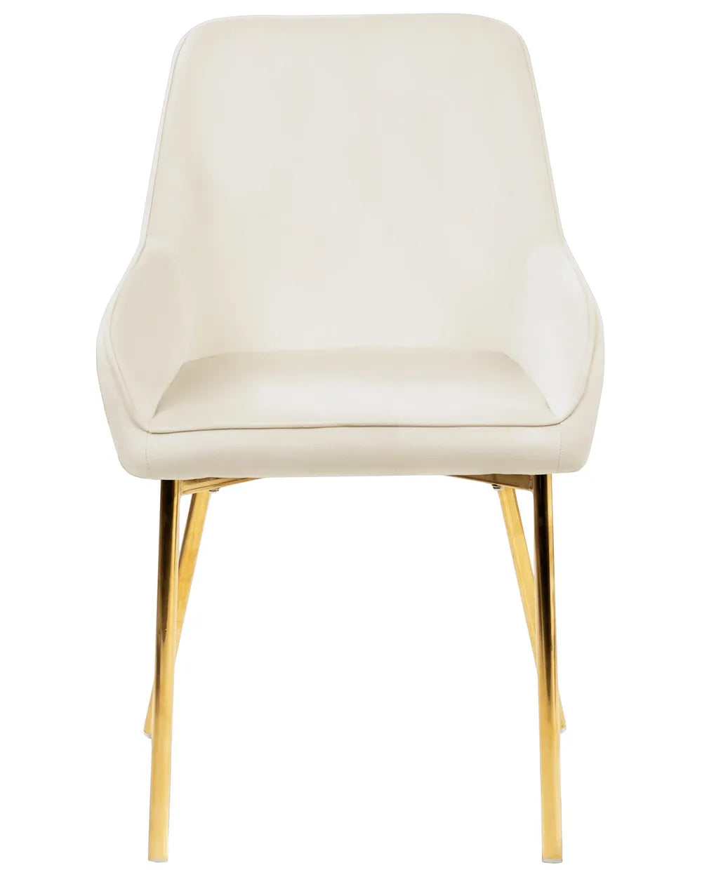 Elegant upholstered dining chair with integrated armrests, smooth cream faux leather upholstery, and sleek gold-finished metal legs for a sophisticated, modern look.