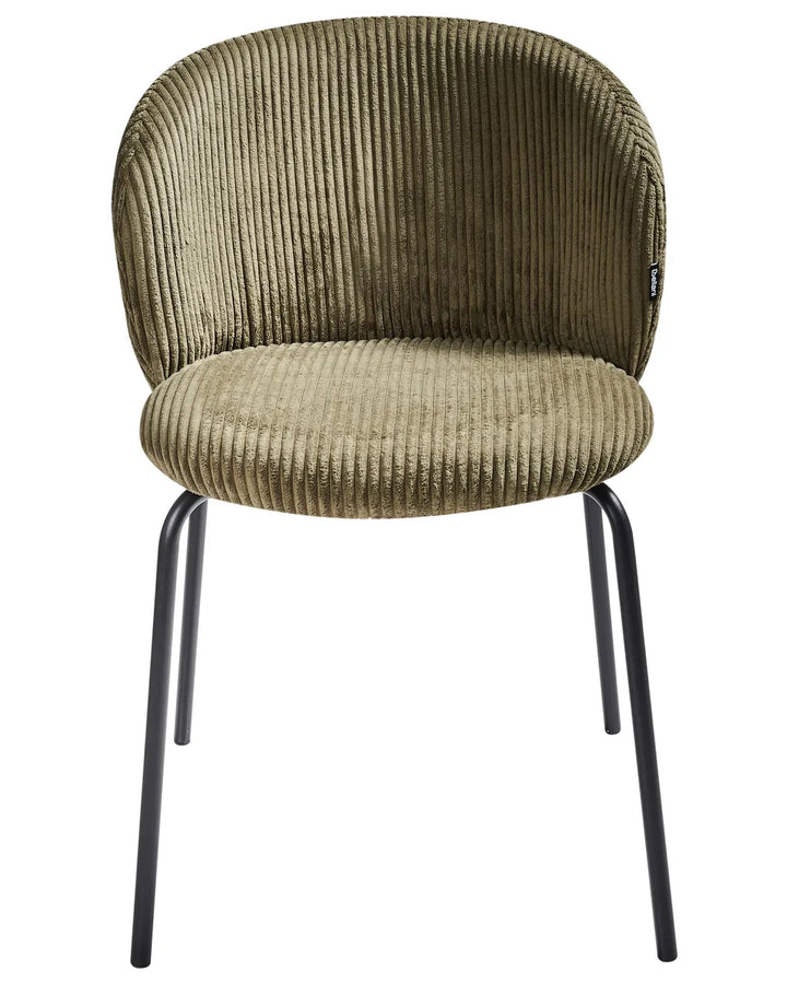 Olive green corduroy dining chair with a curved backrest and black metal legs.