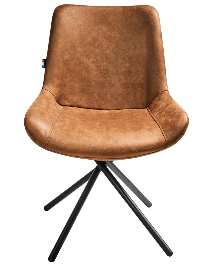 Brown faux leather dining chair with a curved backrest, padded seat, and black metal cross-base for a modern industrial look.