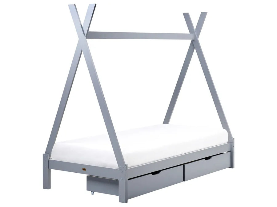 Gray bed frame with white mattress and storage drawers on a white background