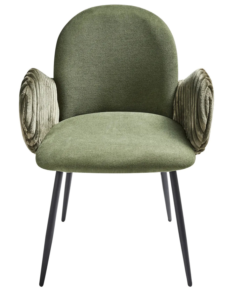 Olive green upholstered dining chair with rounded backrest, pleated arm details, and slim black metal legs.