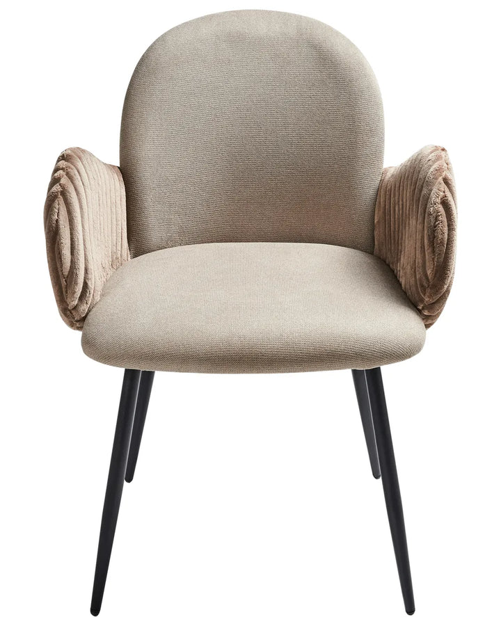 Upholstered dining chair with a curved backrest, integrated arm support, and black metal legs.