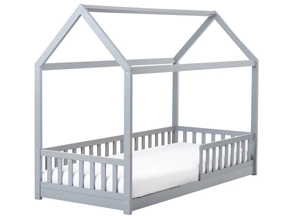 Gray children's bed with a house-shaped roof on a white background