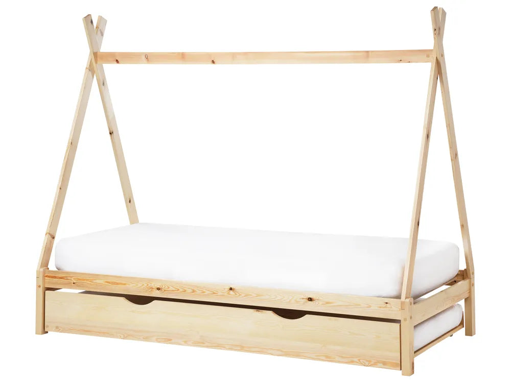 Wooden bed frame with a white mattress on a white background