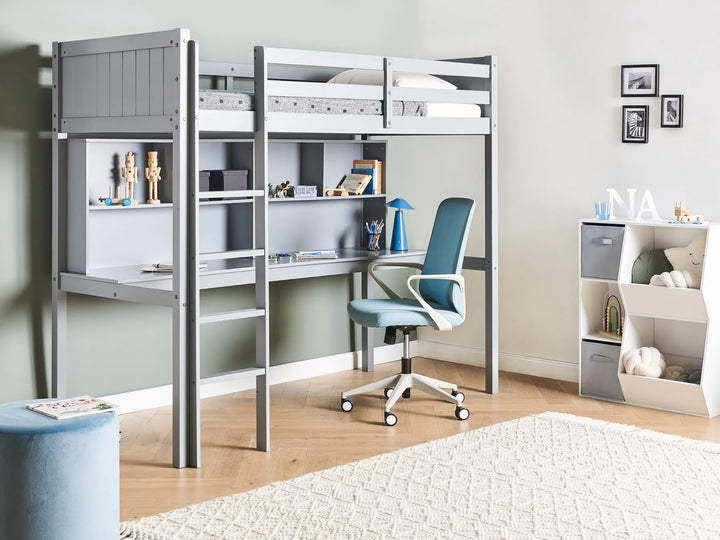 Gray loft bed with desk in a room with a blue chair and white walls.