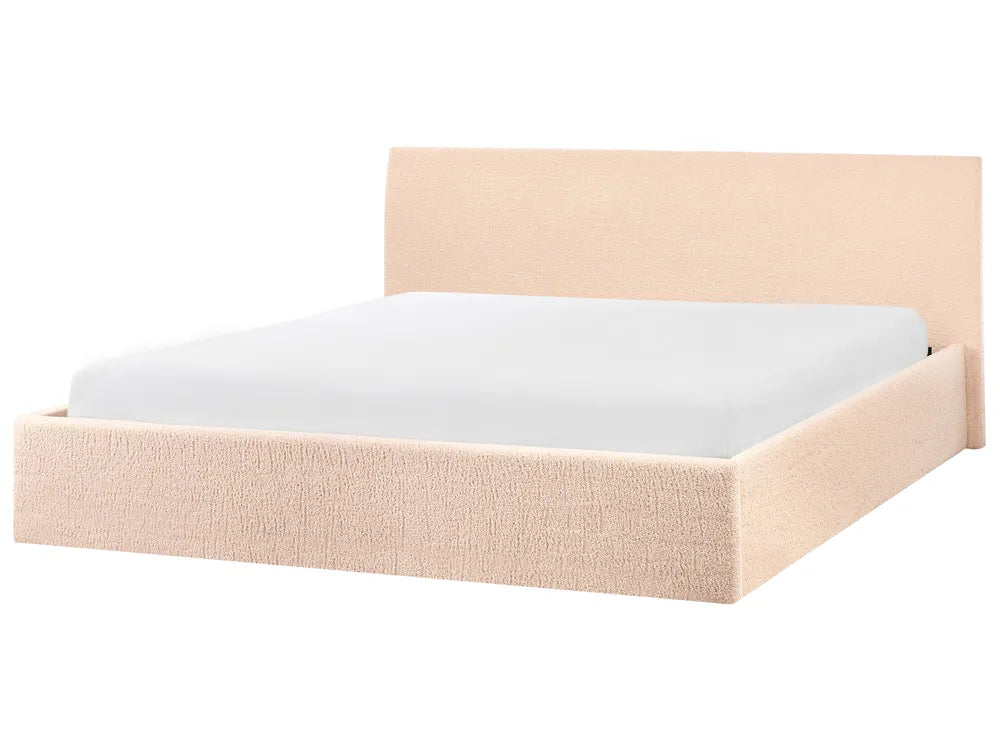Beige bed frame with white mattress