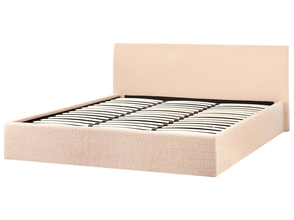 Beige upholstered bed frame with metal slats 