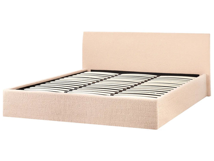 Beige upholstered bed frame with metal slats 