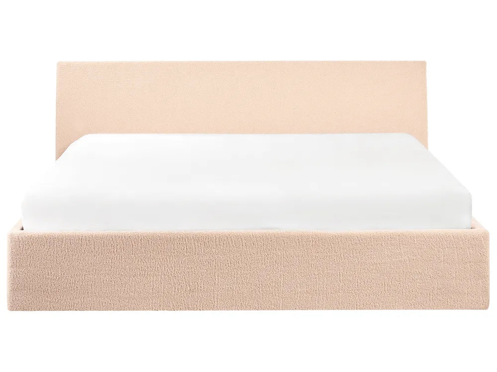 Beige bed frame with white mattress 
